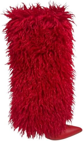 PAZZLE Women Pointed Toe Fluffy Faux Fur Knee-High Stiletto Boots in Kuwait