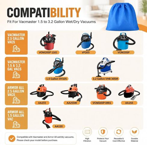 Vacuum Filter Bags 10 Pack Compatible with Vacmaster 1.5–3.2 Gallon & Armor All Shop Vac, High Efficiency Fine Dust Replacement Bags for Wet Dry Vacuum Cleaner, Durable Non-Woven Filter Bags in Kuwait
