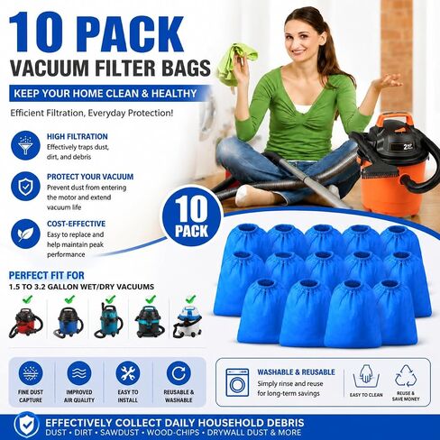 Vacuum Filter Bags 10 Pack Compatible with Vacmaster 1.5–3.2 Gallon & Armor All Shop Vac, High Efficiency Fine Dust Replacement Bags for Wet Dry Vacuum Cleaner, Durable Non-Woven Filter Bags in Kuwait