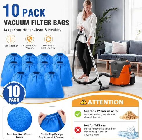 Vacuum Filter Bags 10 Pack Compatible with Vacmaster 1.5–3.2 Gallon & Armor All Shop Vac, High Efficiency Fine Dust Replacement Bags for Wet Dry Vacuum Cleaner, Durable Non-Woven Filter Bags in Kuwait