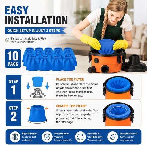 Vacuum Filter Bags 10 Pack Compatible with Vacmaster 1.5–3.2 Gallon & Armor All Shop Vac, High Efficiency Fine Dust Replacement Bags for Wet Dry Vacuum Cleaner, Durable Non-Woven Filter Bags in Kuwait