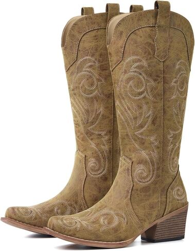 Cowboy Boots for Women, Snip Toe Mid Calf Embroidered Western Boots | These cowgirl boots feature stable chunky heels, ideal for country concerts, dancing, traveling and daily casual outfits in Kuwait