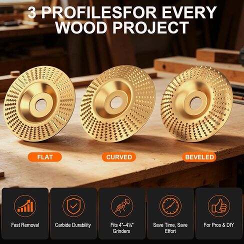 3PCS Angle Grinder Polishing Pad, Tungsten Carbide Wheel, Heavy Duty Wood Carving Disc for 4" & 4-1/2" Grinders, Woodworking Attachment for Cutting, Shaping, Sanding in Kuwait