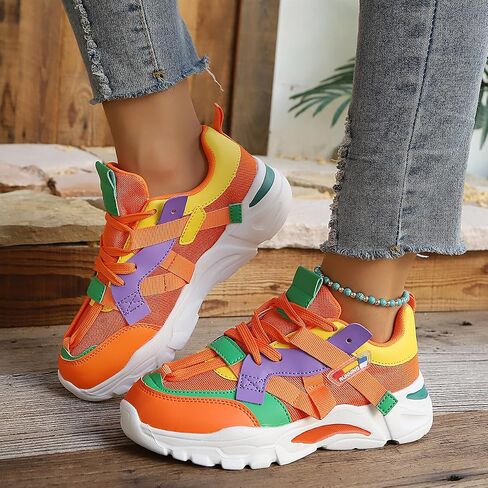 Women's Pink Black Mesh Faux Leather Lace Up Rugged Platform Casual Walking Sneakers in Kuwait