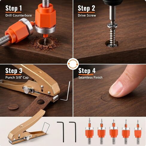Chumia 6 Pcs Countersink Drill Bit Set with Adjustable Depth Stop, HSS Wood Countersink Bits 1/8" to 3/16" with 3/8" Hole Punch and Storage Case, for Woodworking Furniture PVC Edge Banding in Kuwait