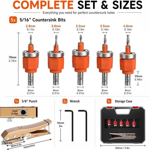 Chumia 6 Pcs Countersink Drill Bit Set with Adjustable Depth Stop, HSS Wood Countersink Bits 1/8" to 3/16" with 3/8" Hole Punch and Storage Case, for Woodworking Furniture PVC Edge Banding in Kuwait