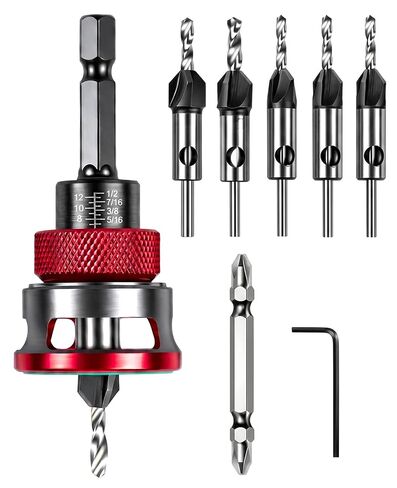 8 Piece 4-Flute Countersink Drill Bit Set with Depth Stop, HSS M2 Tapered Bits & a Screwdriver Bit, 1/4" Hex Shank for Woodworking in Kuwait