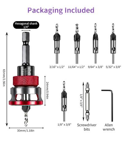8 Piece 4-Flute Countersink Drill Bit Set with Depth Stop, HSS M2 Tapered Bits & a Screwdriver Bit, 1/4" Hex Shank for Woodworking in Kuwait