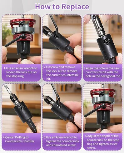 8 Piece 4-Flute Countersink Drill Bit Set with Depth Stop, HSS M2 Tapered Bits & a Screwdriver Bit, 1/4" Hex Shank for Woodworking in Kuwait