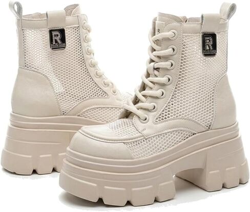 NICO×ASH Women's Platform Mesh Combat Boots Breathable Hollow Out Chunky Lug Sole Lace Up Ankle Height Increasing Fashion in Kuwait