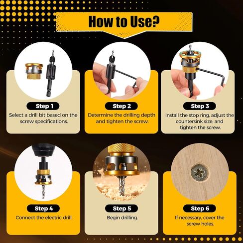 7 Pcs Countersink Drill Bit Set with Adjustable Depth Stop | HSS 82° Counter Bore Bits for Woodworking & Plastic, 1/4" Hex Shank in Kuwait