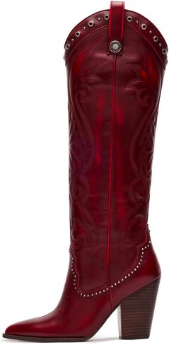Vintage Embroidered Cowboy Boots Women Knee High Western Boots High Chunky Stacked Heel Pointed Toe Tall Suede Cowgirl Boots Satin Studded Combat Boot Pull On Fall Winter Dressy 4-11 M US in Kuwait