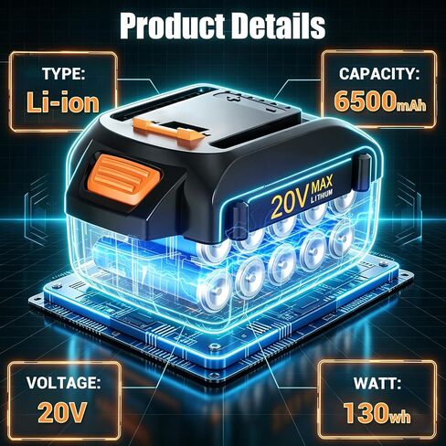 2-Pack 6.5Ah Replacement for Worx 20V Battery and 40V Dual-Battery Tool | Replaces WA3520 WA3575 WA3571 WA3577 WA3674, Compatible with Worx Battery 20V Power Share Tools WG251s WG255s WG540s and more in Saudi Arabia