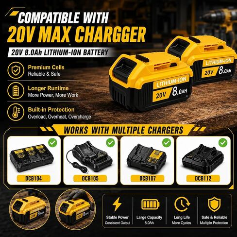 8.0Ah 2-Pack Replacement Battery for DeWalt 20V MAX Tools, 20 Volt Compatible Battery Pack Li-ion DCB208/206/205/204/202 Replacement Batteries for 20V Cordless Power Tools in Kuwait
