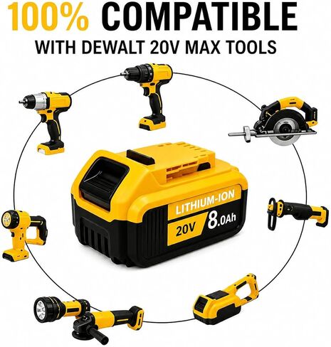 8.0Ah 2-Pack Replacement Battery for DeWalt 20V MAX Tools, 20 Volt Compatible Battery Pack Li-ion DCB208/206/205/204/202 Replacement Batteries for 20V Cordless Power Tools in Kuwait
