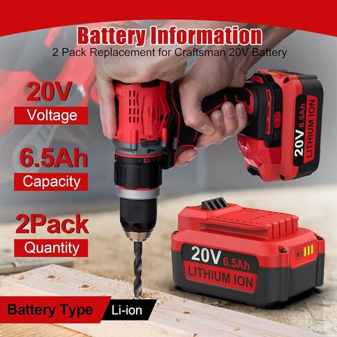 2 Pack Upgarde 6500mAh Replacement for Craftsman 20V Battery Compatible with Craftsman 20V CMCB205 CMCB204 CMCB206 CMCB202 Cordless Power Tools in Kuwait