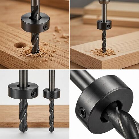Drill Bit Depth Stop Set 5PCS–2 Adjustable Aluminum Stop Collars (Small & Large) + 2 Fixed Steel Drill Stop Rings + Hex Wrench, Dual-Mode Depth Control for Woodworking, Furniture, Metal & DIY in Kuwait