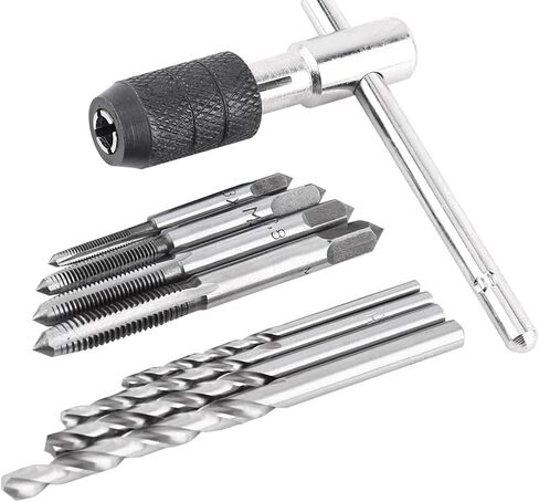 Thread Tap and Drill Bit Set 9pcs Bearing Steel T Shaped Wrench M3 M4 M5 M6 Taps, Clean Burr Threading for Hand Tapping Operation, Pilot Hole Preparation for Mechanics DIY Users in Kuwait