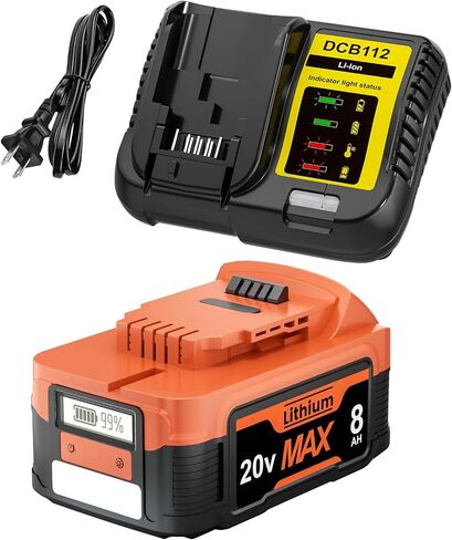 8.0Ah Replacement for Dewalt 20V Battery and Charger with LCD,PD/USB-C | In/Out 65W Port,LED Flashlight Compatible with Dewalt 20V Max Battery DCB2104,DCBP520,DCB200,DCB203,DCB204,DCB205 Power Tools in Kuwait