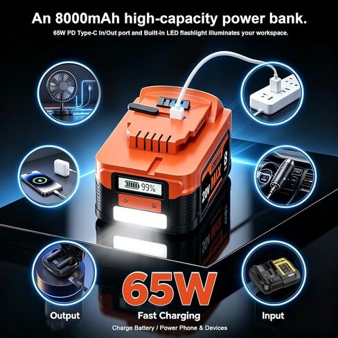 8.0Ah Replacement for Dewalt 20V Battery and Charger with LCD,PD/USB-C | In/Out 65W Port,LED Flashlight Compatible with Dewalt 20V Max Battery DCB2104,DCBP520,DCB200,DCB203,DCB204,DCB205 Power Tools in Kuwait