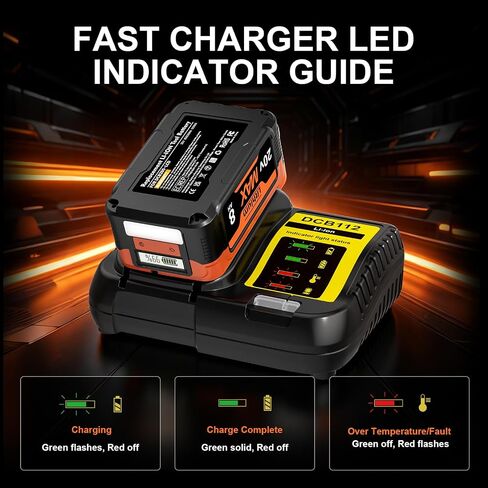 8.0Ah Replacement for Dewalt 20V Battery and Charger with LCD,PD/USB-C | In/Out 65W Port,LED Flashlight Compatible with Dewalt 20V Max Battery DCB2104,DCBP520,DCB200,DCB203,DCB204,DCB205 Power Tools in Kuwait