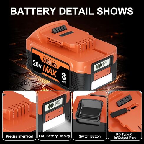 8.0Ah Replacement for Dewalt 20V Battery and Charger with LCD,PD/USB-C | In/Out 65W Port,LED Flashlight Compatible with Dewalt 20V Max Battery DCB2104,DCBP520,DCB200,DCB203,DCB204,DCB205 Power Tools in Kuwait