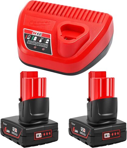 2 Packs 12V 6.0Ah Replacement Battery and Charger Compatible with Milwaukee | Compatible with 12V Tools, Lithium-Ion Battery Pack with Charger Extended Runtime for 12 Volt Cordless Power Tools in Kuwait