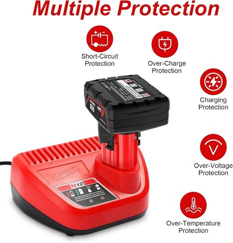 2 Packs 12V 6.0Ah Replacement Battery and Charger Compatible with Milwaukee | Compatible with 12V Tools, Lithium-Ion Battery Pack with Charger Extended Runtime for 12 Volt Cordless Power Tools in Kuwait