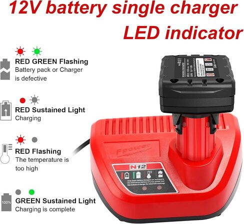 2 Packs 12V 6.0Ah Replacement Battery and Charger Compatible with Milwaukee | Compatible with 12V Tools, Lithium-Ion Battery Pack with Charger Extended Runtime for 12 Volt Cordless Power Tools in Kuwait