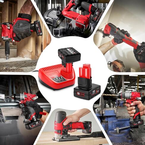 2 Packs 12V 6.0Ah Replacement Battery and Charger Compatible with Milwaukee | Compatible with 12V Tools, Lithium-Ion Battery Pack with Charger Extended Runtime for 12 Volt Cordless Power Tools in Kuwait