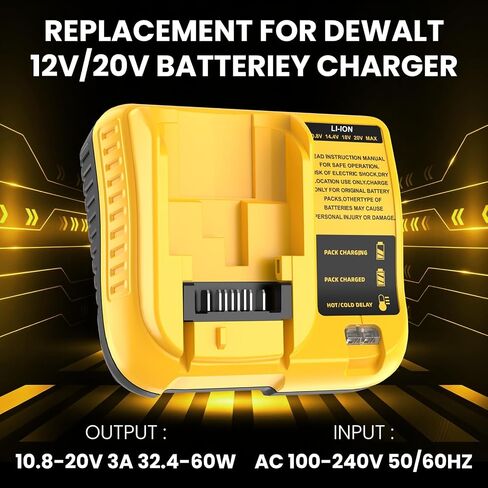 1 Pack Replacement for Dewalt 12V/20V Max Battery Charger DCB107 (Yellow) | Compatible with Dewalt 12/20 Volt Batteries DCB120 DCB127 DCB208 DCB207 DCB206 DCB204 DCB203 DCB201 DCB200 in Kuwait