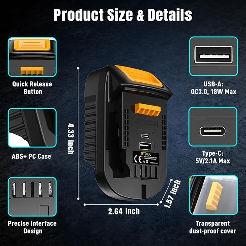 Battery Adapter for Makita to Dewalt Tools,Converter for Dewalt Tools Compatible with Makita Battery,with USB C& USB A Fast Charging Port (ONLY Adapter) in Kuwait