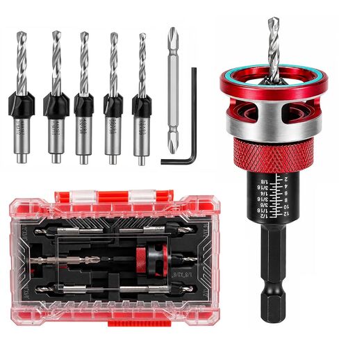 Countersink Drill Bit Set for Woodworking, 7-Piece | 1/4 inch hex shank set with adjustable depth stop, TCT cutter and HSS M2 pilot bits for wood, MDF, plywood in Kuwait