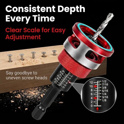 Countersink Drill Bit Set for Woodworking, 7-Piece | 1/4 inch hex shank set with adjustable depth stop, TCT cutter and HSS M2 pilot bits for wood, MDF, plywood in Kuwait