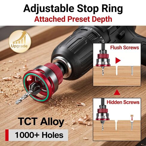 Countersink Drill Bit Set for Woodworking, 7-Piece | 1/4 inch hex shank set with adjustable depth stop, TCT cutter and HSS M2 pilot bits for wood, MDF, plywood in Kuwait