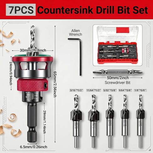Countersink Drill Bit Set for Woodworking, 7-Piece | 1/4 inch hex shank set with adjustable depth stop, TCT cutter and HSS M2 pilot bits for wood, MDF, plywood in Kuwait