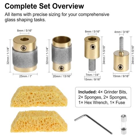 QWORK Diamond Grinder Bit Head Tools Set - 4 Sizes (1", 3/4", 1/4", 1/8") Brass Core Stained Glass Grinder Bits for Stained Glass, Ceramic Tiles, Stone, High-Speed Compatibility in Kuwait