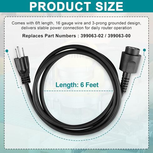 399063-02 399063-00 Replacement Router Cord, 6FT 3-Prong 16 Gauge Power Cable Fits DeWALT DW618 DW616, DW618B3 DW618K DW618M DW616PK in Kuwait