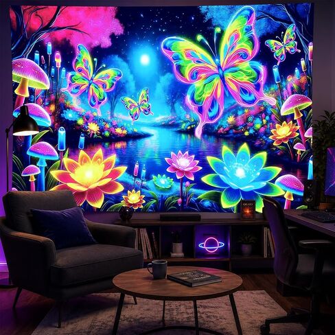BlissYard Blacklight Tapestry Butterfly Black Light Hanging Backdrop Glow in The Dark Poster Fantasy Forest UV Tapestry for Bedroom Wall Decoration Living Room Artwork Home Room Party Backdrop Decor 78x59 Inch in Saudi Arabia