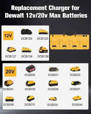 DCB104 Replacement for Dewalt Battery Charger Station | 4 Port Multi Battery Charger with 2 USB Ports, Compatible with Dewalt All 12V 20V Max Lithium Battery (Yellow) in Kuwait
