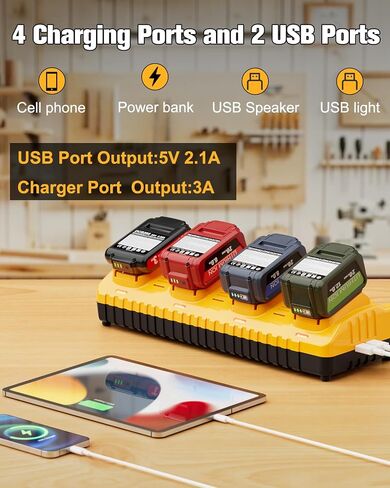 DCB104 Replacement for Dewalt Battery Charger Station | 4 Port Multi Battery Charger with 2 USB Ports, Compatible with Dewalt All 12V 20V Max Lithium Battery (Yellow) in Kuwait