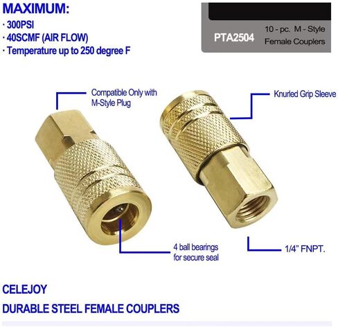 10 Pack 1/4 Inch NPT Female Air Coupler - Industrial M Style Quick Connect Coupling, Brass Finish for Durability & Safe Air Hose Disconnection in Kuwait