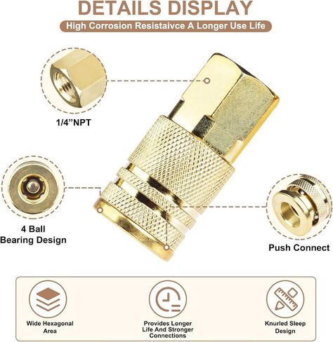 10 Pack 1/4 Inch NPT Female Air Coupler - Industrial M Style Quick Connect Coupling, Brass Finish for Durability & Safe Air Hose Disconnection in Kuwait