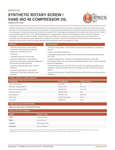 Synthetic Rotary Screw/Vane ISO 46 Compressor Oil 10,000+ Hour 5G Pail Bucket | Long Life PAO | Compare to Corena S4 R 46 | Compare to Rarus 46 | Compare to HiperSYN in Kuwait