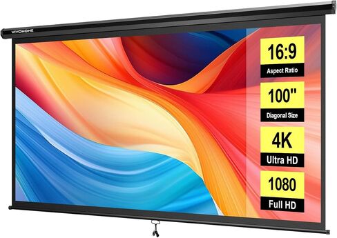 VIVOHOME 80 Inch 16:9 Pull Down Projector Screen, White | Manual Retractable 4K Projection Screen for Home Theater, Roll Up ALR Movie Screen for Ceiling and Wall Mount in Kuwait