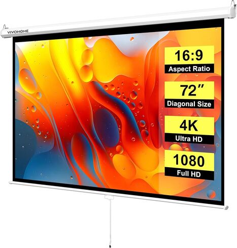 VIVOHOME 80 Inch Manual Pull Down Projector Screen, 16:9 HD Retractable Widescreen Matte for Movie Home Theater Cinema Office Video Game, Black in Saudi Arabia