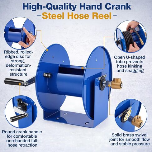 LEIFIDE Hand Crank Reel Fits 3/8" x 100 ft Hose, 12 x 18.25 x 13 In, Heavy-duty Steel Frame Manual Hose Reel, Full-flow Solid Brass Swivel, Adjustable Tension Brake, Wall/workbench/overhead Mount in Kuwait