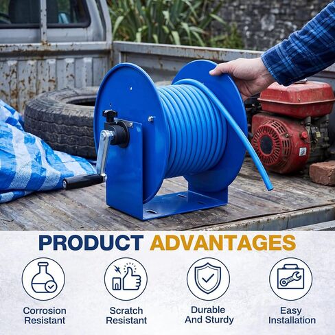 LEIFIDE Hand Crank Reel Fits 3/8" x 100 ft Hose, 12 x 18.25 x 13 In, Heavy-duty Steel Frame Manual Hose Reel, Full-flow Solid Brass Swivel, Adjustable Tension Brake, Wall/workbench/overhead Mount in Kuwait