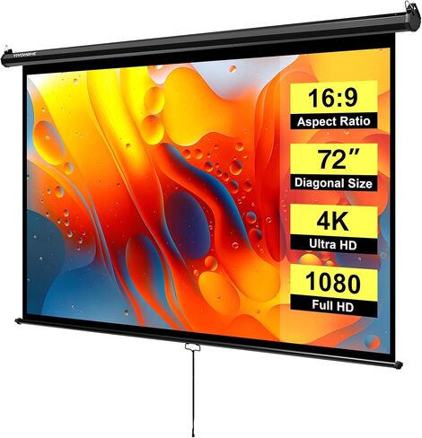 VIVOHOME 80 Inch 16:9 Pull Down Projector Screen, White | Manual Retractable 4K Projection Screen for Home Theater, Roll Up ALR Movie Screen for Ceiling and Wall Mount in Kuwait