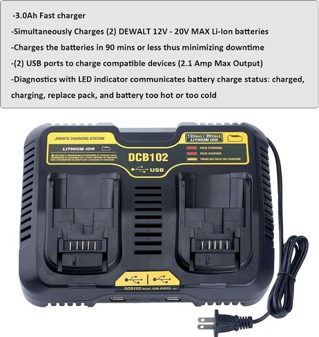 DCB102BP Dual-Port Battery Charger Replacement for De-Walt 12-Volt MAX/20-Volt MAX Jobsite Charging Station DCB105 DCB112 DCB120 Lithium Battery in Kuwait